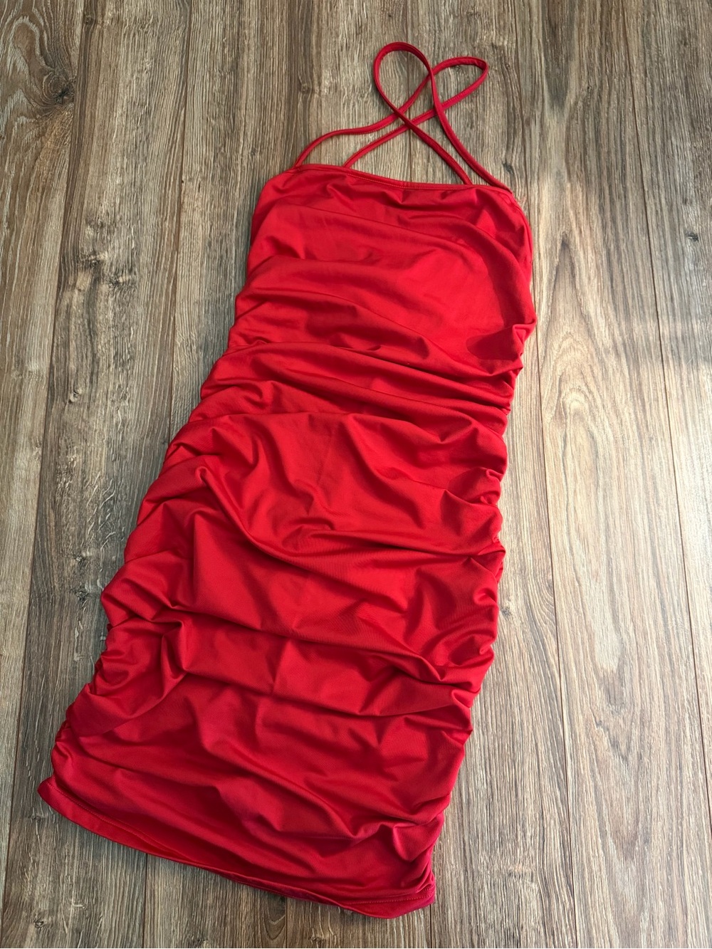 Ruched Spaghetti-Strap Mini Dress in Red